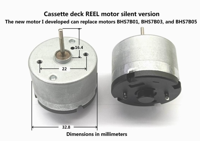 Silent reel motor with dimension drawing — 32.8 mm body, 16.4 mm shaft height, 22 mm mount spacing